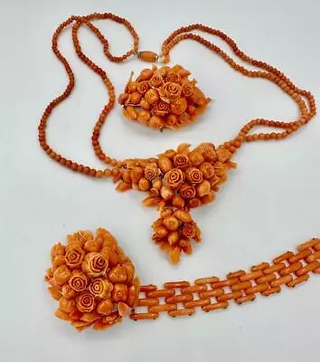 Victorian Coral Flower Suite Necklace Bracelet Brooch 14 Karat Gold Hand Carved • $6500