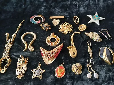 Vintage Gold Tone Pin Brooch Pendant Lot Mmm3 Snake Owl Star Sax Earrings Mix • $15.99