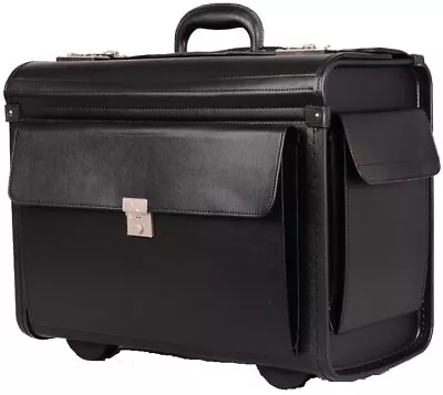 Large Quality Leather Pilot Case Wheeled Laptop Trolley Flight Bag Hand Luggage • £69.90