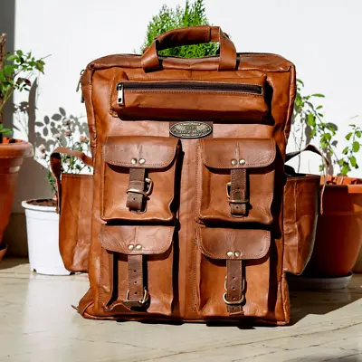 Large Men's Backpack Genuine Vintage Leather Travel Bag Brown Laptop Rucksack • $103.40