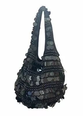 Vintage 1990 Black Sequin Crochet Knit Handbag Disco Hobo Shoulder Bag • $13.49