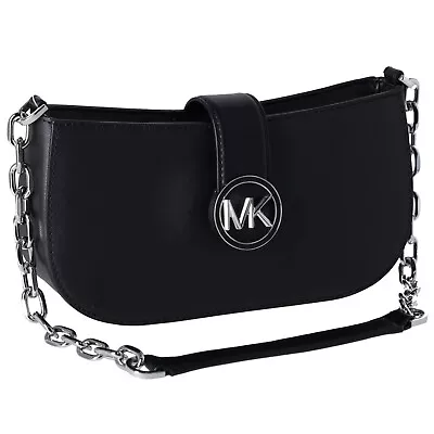 Michael Kors Carmen Small Leather Pouchette Shoulder Bag Black Saffiano Leather • $59