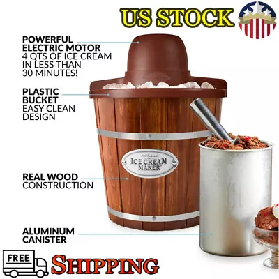 US 4-Quart Wood Bucket Electric Ice Cream Maker Machine W/ Recipe Book Vintage • $34.98