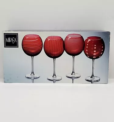 New Distressed Box Mikasa Cheers Ruby Balloon Wine Goblets Set Of 4 24.5 Oz • $65