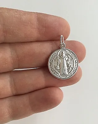 MEDALLA DE SAN BENITO PLATA 925/ITALIAN 925 SILVER SAINT BENEDICT PENDANT-20mm#1 • $21.99