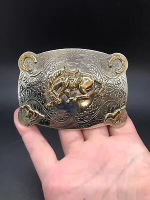 Nickel Silver Belt Buckle Breaking Bucking Saddled Horse Colt Scroll Designs • $35