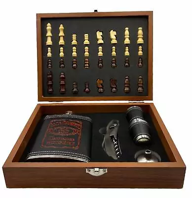 Jack Daniels Wood Chess Set 8oz Hip Flask Shot Glasses Bottle Opener Gift  • $44.95