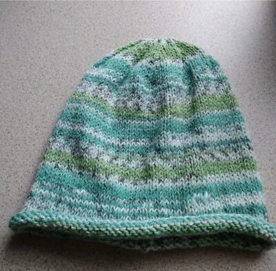 Hand Knitted Ladies Fair Isle Effect Beanie Hat Shades Of Green • £13