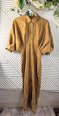 Zara Women's Satin Pleated Midi Shirt Dress In Gold Button Up Collar Size Medium • $28.99