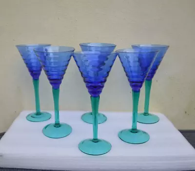 Set 6 Blue Cocktail Glasses Green Stem Vintage? • £29.99