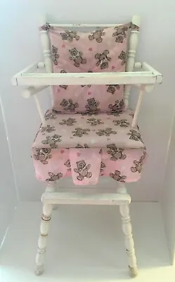 Vintage Wooden Doll Baby Highchair W/Tray - Pink White Teddy Bear Shabby Spindle • $85
