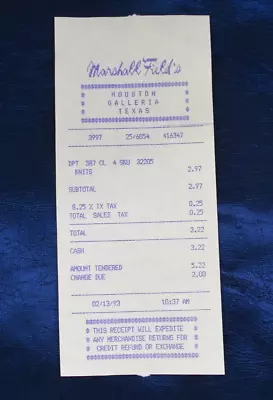 Marshall Field's 02/13/1993 Sales Receipt Houston Galleria Texas - 6 3/4  X 3  • $10