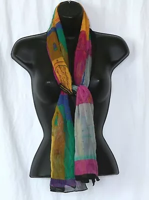 ELLEN TRACY Semi-Sheer Print Silk Chiffon Scarf Moroccan Theme 14.5 X 58 EXC • $28.99