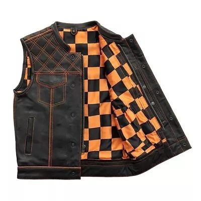 New Orange Checker Leather Vest Diamond Quilted Men's Biker Club Motorcycle Vest • $91.99