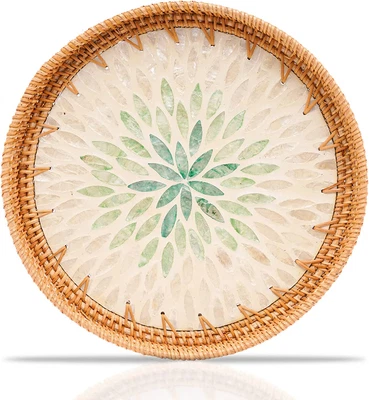 £37.29 • Buy Bemiaocrafts Rattan Tray With Mother Of Pearl Inlay Wooden Base, Lacquer Serving