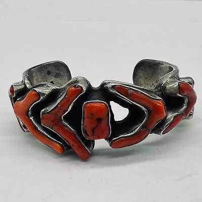 Vtg Sterling Silver Native American Heavy Men's CORAL Cuff Bracelet--134g • $899.99