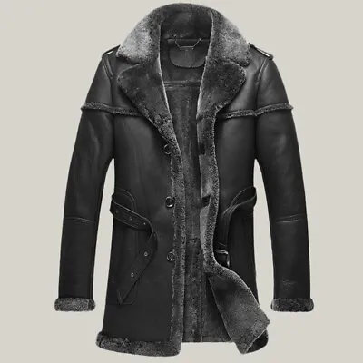 Men's RAF Trench Coat Real Sheepskin Shearling Fur Long Black Leather Jacket • £150