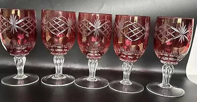 5 Mosel Bohemian Czech.  Cranberry Red  Cut To Clear Crystal  Cordial Wine Stem • $99.99