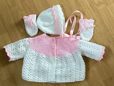 Baby New Hand Knit/crochet  Cardigan/matinee Coat Hat And Mitts   0-3 Months • £16