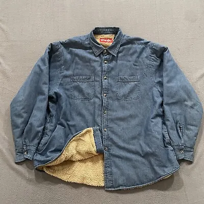 Vintage Wrangler Shacket Mens XL Blue Denim Sherpa Lined Button Up Outdoor 90s • $25.88