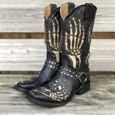 Mens Embroidered Cowboy Boots Western Shoes Skull Pattern Square Head Casual • $36.86