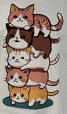 Qwertee Mens T Shirt Cat Pile Up Large  Gildan 100% Cotton White 1L • £12.50