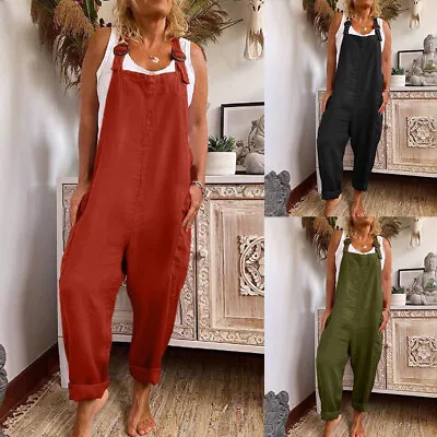 Womens Cotton Line Denim Bib Baggy Overalls Pants Romper Long Pants Jumpsuit US • $23.59