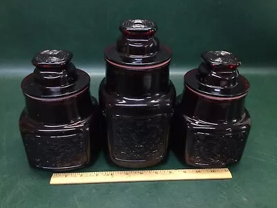 Set Of 3 VTG Wheaton NJ Ruby Red Glass Canisters Containers Lid Heart Dove Fish • $48