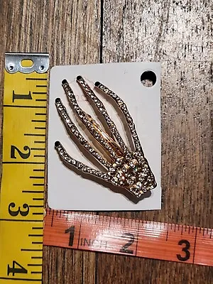 Rhinestone Skeleton Hand Hair Clip Halloween Zombie Gold With Black Nail Polish  • $7