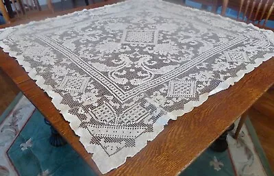 Vintage Expertly Hand Crocheted  Filet Lace 40  Square Antique White Tablecloth • $13.50