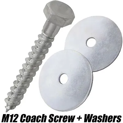 M12 Coach Screws Hex Lag Bolt Wood Structure Furniture Fixing With Penny Washers • £2.95