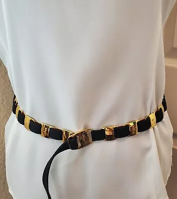 Salvatore Ferragamo Italy Mirror Finish Goldtone Grosgrain Ribbon Belt 37  Euc • $199