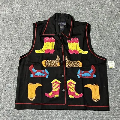 Life Style Vest Womens Medium Embroidered Cowgirl Western Vintage Black Top New • £27.55