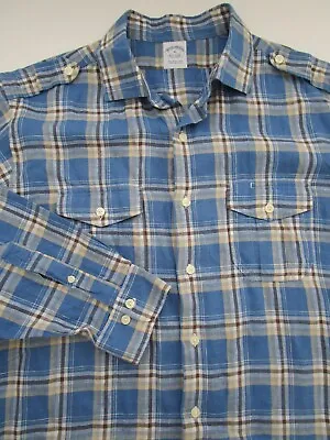 Mens XL Brooks Brothers Irish Linen Epaulets Blue Plaid Button Shirt • $27