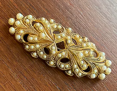 Vintage Gold Tone Seed Pearl Bar Brooch Pin Open Work • $9.99