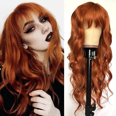 Orange Full Bangs Long Body Wavy Hair Wig Heat Resistant Synthetic No Lace Wigs • $15.10