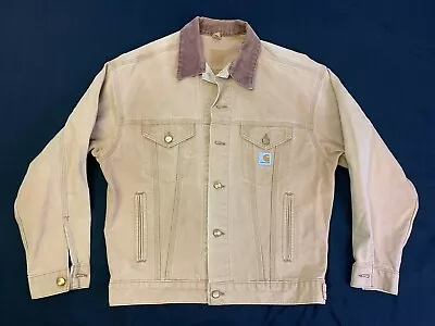 Vintage Carhartt Tan Duck Trucker Jacket Corduroy Collar 23  Pit To Pit Unlined • $100