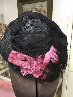Antique Ladies Black Straw Hat Pink Millinery Roses Feather Tulle #J • $55