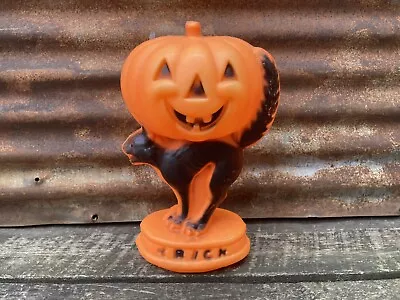 Vintage Halloween Blow Mold Orange Pumpkin & Black Cat Plastic 14 Inch • $75