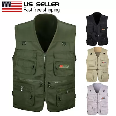 Men's Fishing Vest Work Safari Travel Photo Cargo Multi Pockets Waistcoat Jacket • $18.99