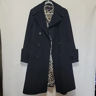 Zara Woman Wool Trench Coat Sz M Black Leopard Print Belted Double Breasted READ • $40.99