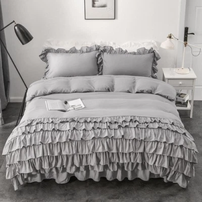 £188.09 • Buy White Gray Duvet Cover Set 4pcs Girls Chic Multi Layers Ruffle Bedding Bedskirt