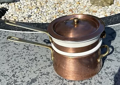 VINTAGE Copper W/ Ceramic Insert Double Boiler Pot  Brass Handles • $39.95