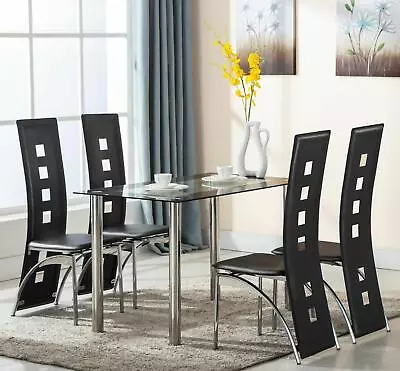 5 Piece Dining Set Table And 4 PU Leather Chair For Kitchen Dining Room Black • $219.89
