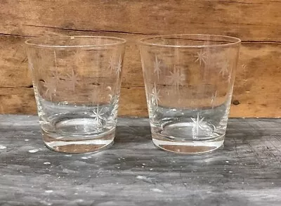 2 NOS Vintage 50s MCM Atomic Starburst 3.25  Rocks Lowball Etched Glass New • $22.40