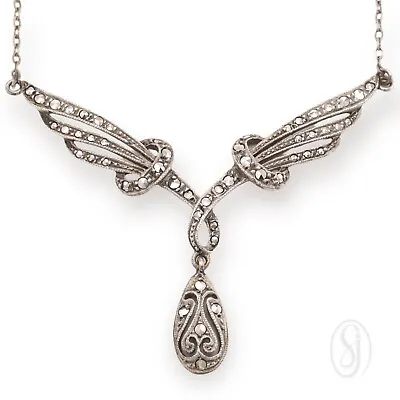 SHIMMERING Vintage Solid 925 Sterling Silver Ornate Marcasite Lavalier Necklace • $129