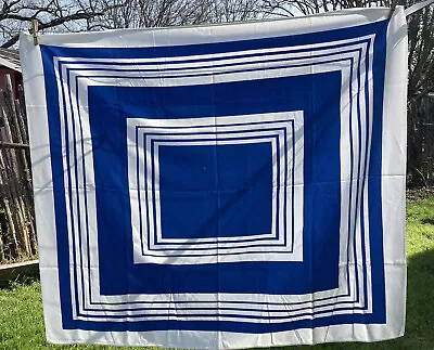 Vintage Blue And White Banded Striped Printed Tablecloth 45”x61” • $39