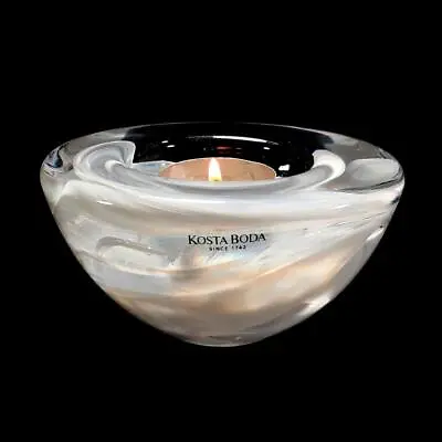 Kosta Boda Sweden Atoll White Swirl Votive Art Glass Candle Holder - Anna Ehrner • $38