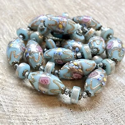 Murano Glass Wedding Cake Beads Necklace Venetian Powder Blue Aqua Pink Antique • £149.99