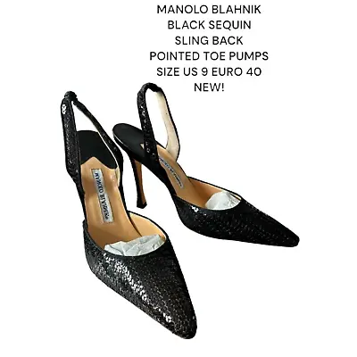 Manolo Blahnik Black Pointed Toe Glitter/sequin Strappy Heels Size 9 Euro 40 New • $375